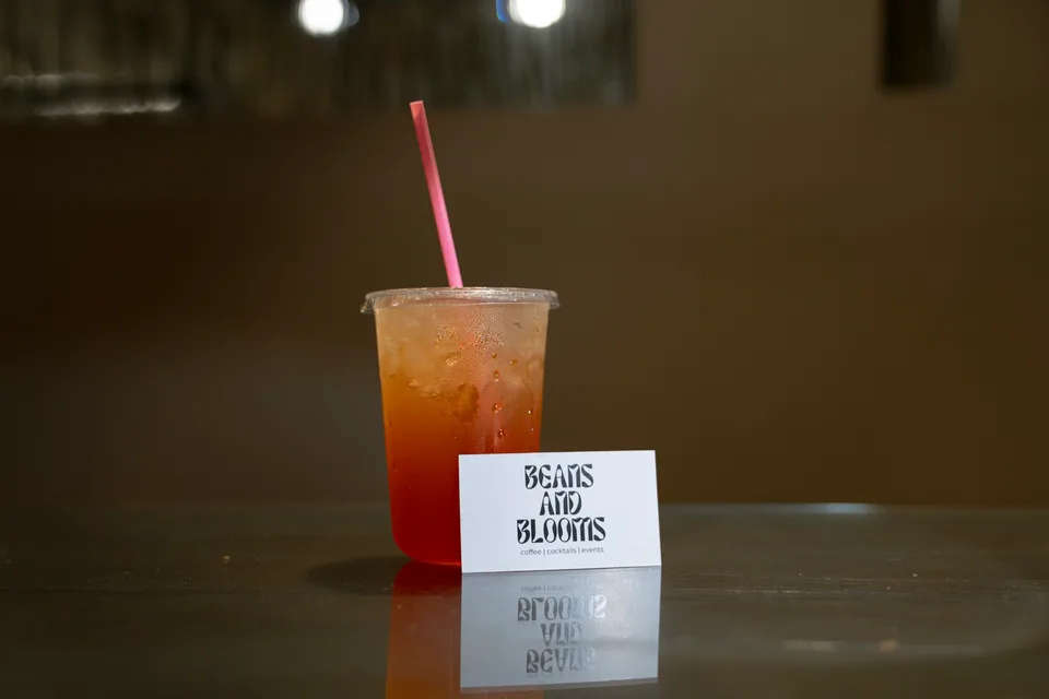 Beans and Blooms drink with branded card